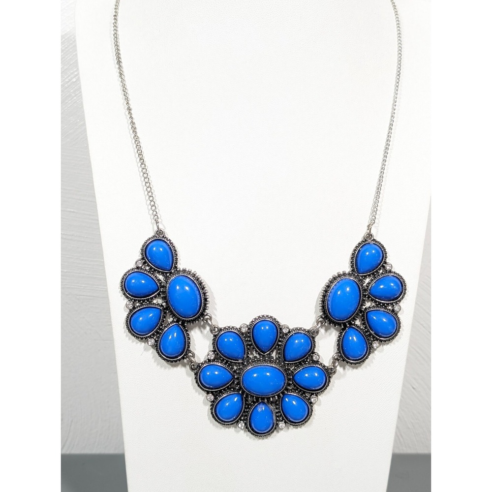 Western Style Blue Cabochon Concho Statement Necklace Silver Tone‎ 21 inch